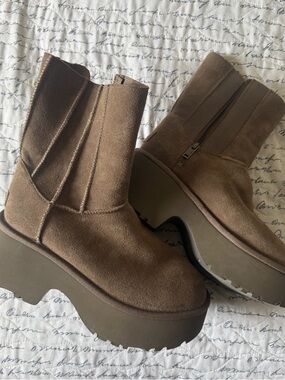 UGG Taupe Suede Platform Mid-Calf Boots